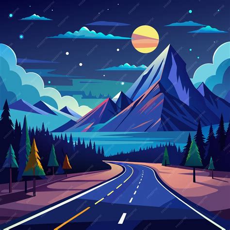 premium vector road  mountain view night landscape illustration