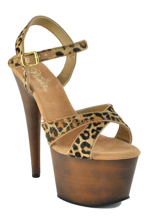 Pleaser Womens Leopard Cheetah 7 High Heels Faux Wood Platform Strappy