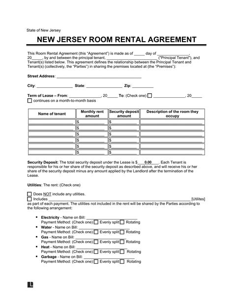 Free New Jersey Room Rental Agreement Template Pdf Word