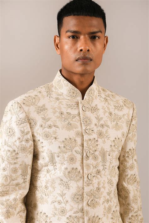 Buy Beige Silk Embroidered Floral Motifs Sherwani Set For Men By Dhruv