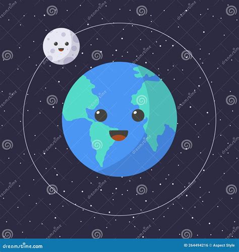 Cartoon Illustration of Earth and Moon with Happy Face. Cute Cartoon Kawaii Moon and Planet ...