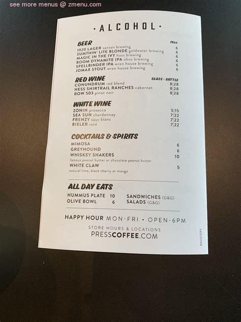 Menu At Press Coffee The Roastery Restaurant Phoenix