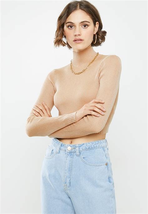 High Neck Rib Detail Knitted Crop Top Sand Missguided Knitwear