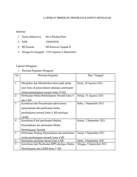 Laporan Mingguan 5 Kampus Mengajar Laporan Mingguan Program Kampus