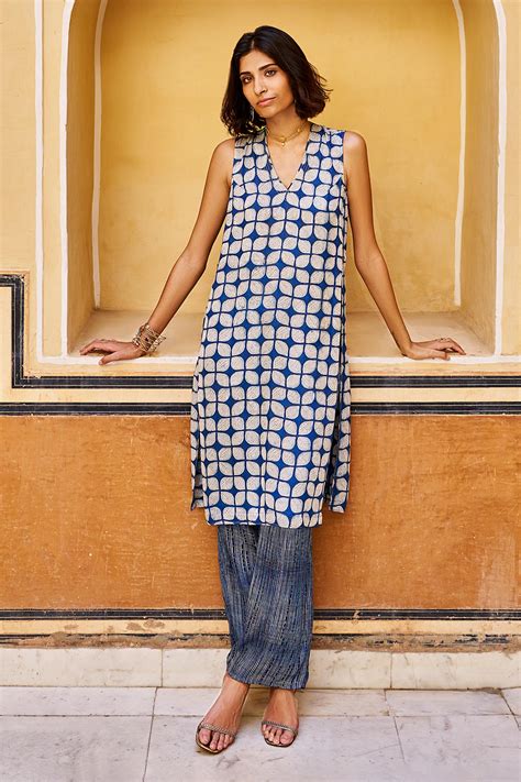 Buy Blue Viscose Modal Exhale Hand Block Kurta And Pant