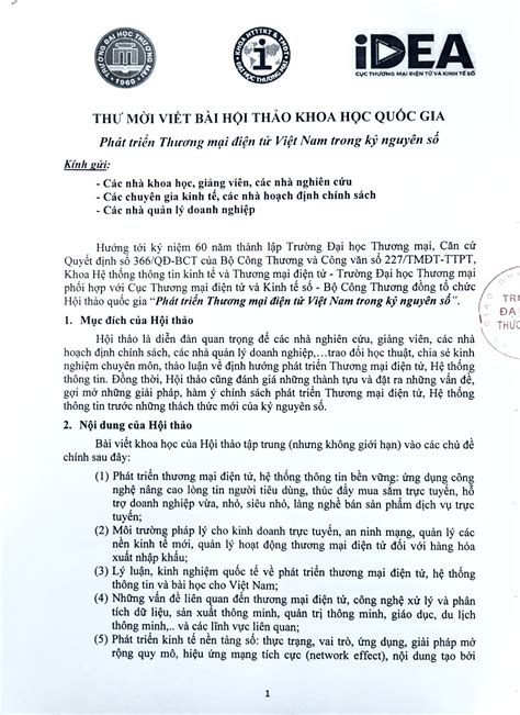 Thư Mời Viết Bài Hội Thảo Quốc Gia Phát Triển TmĐt Việt Nam Trong Kỷ