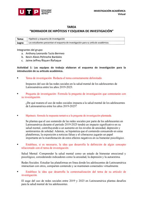 Semana Tema Tarea Borrador De Hip Tesis Y Esquema De