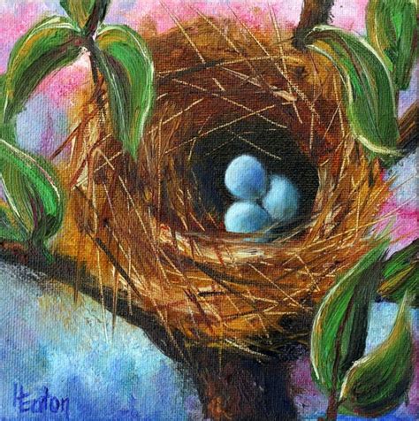 Bird nest painting robin's eggs nest with eggs small | Etsy