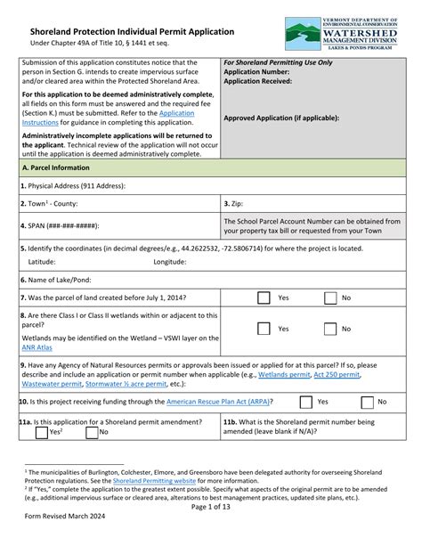 Vermont Shoreland Protection Individual Permit Application Fill Out