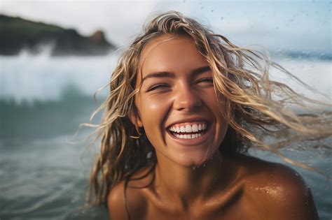 Premium Ai Image Adventurous Female Surfer Having Fun At The Beach In