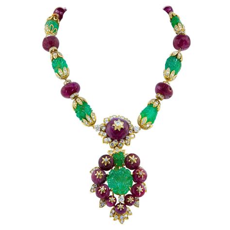 Van Cleef And Arpels Diamond Carved Emerald Ruby Yellow Gold