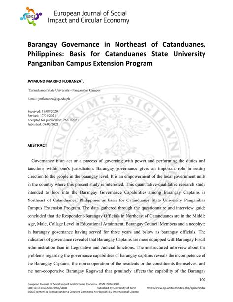 Pdf Barangay Governance In Northeast Of Catanduanes Philippines