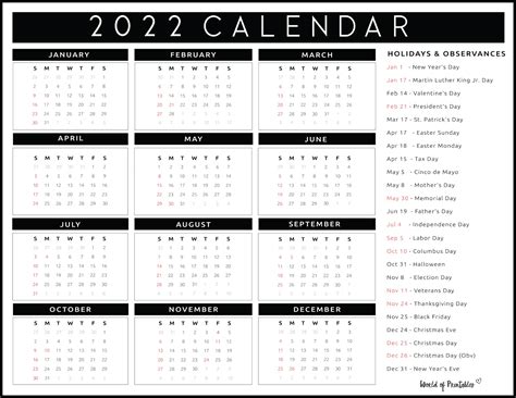 2022 Calendar With Holidays - World of Printables