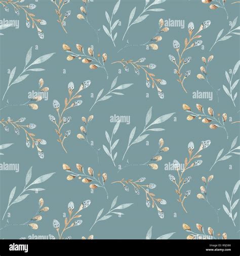 Seamless Pattern With Spring Willow Flowers And Leaves Easter Hand Drawn Background With Pussy