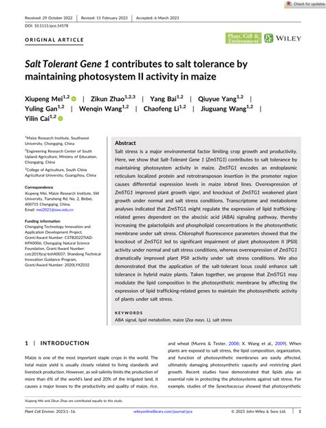 PDF Salt Tolerant Gene 1 Contributes To Salt Tolerance By Maintaining