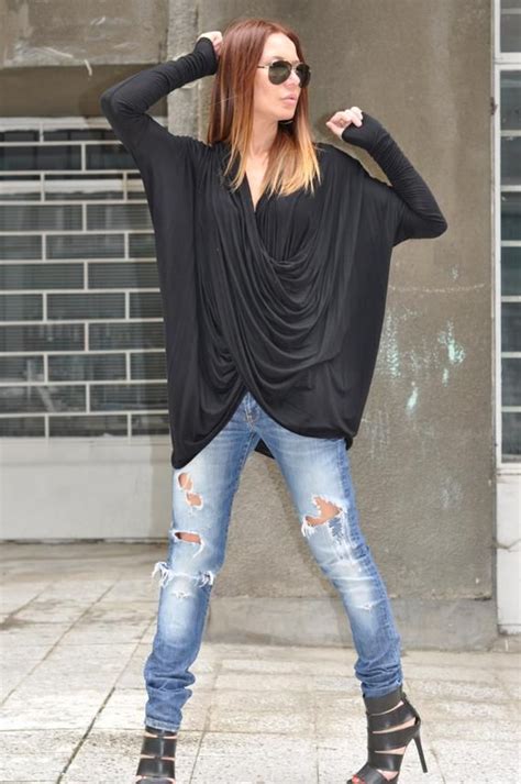 Black Cotton Maxi Tunic Tops For Womens Extravagant Loose Tunic Plus