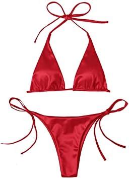 BAWHOBJJ Swimsuit Women Sexy Women Metallic Halter Top Swimsuit Tie Side Triangle Bikini Summer