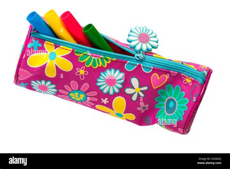 Colourful Pink Flowery Pencil Case Isolated On White Background Stock