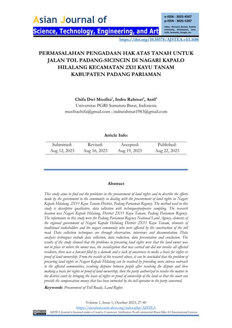 Pdf Permasalahan Pengadaan Hak Atas Tanah Untuk Jalan Tol Padang