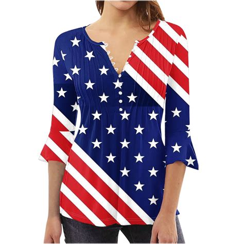 Apexfwdt Women American Flag Patriotic 3 4 Sleeve Shirt 4th Of July