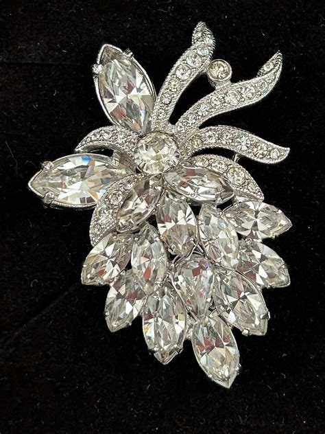 Vintage S Eisenberg Ice Floral Brooch Rhodium Plated Marquis