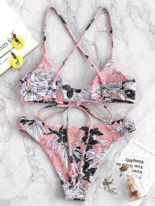 Zaful Flower Criss Cross Bikini Set In Multi A Zaful