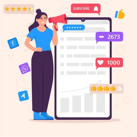 Concepto de marketing en redes sociales con mujer con megáfono e iconos