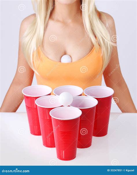 Beer Pong Red Plastic Cups With Ping Pong Ball And Blonde Girl In Sexy