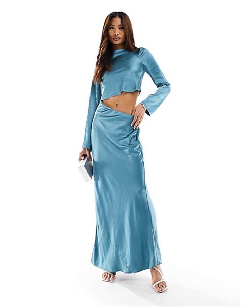 Asos Design Satin Asymmetric Waist Cut Out Maxi Dress In Teal Asos