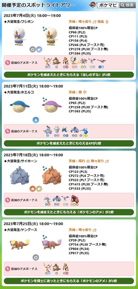 ポケモンgo攻略情報＠ポケマピ On Twitter スポットライトアワー開催🌟 74火18時～19時 「ワシボン」出現率up →