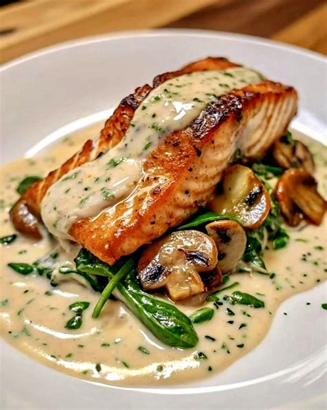 garlic butter salmon  spinach mushrooms  creamy sauce