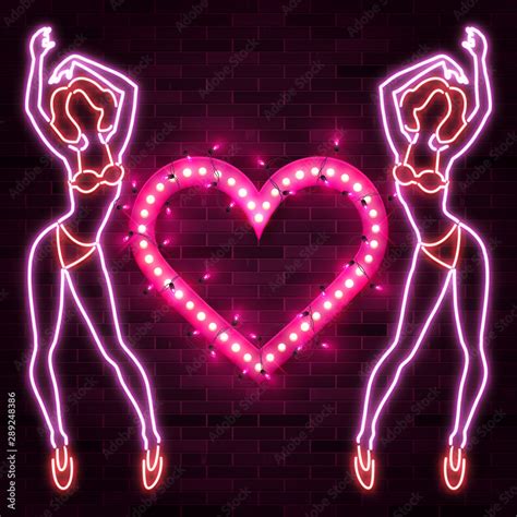 Shiny Heart Banner Advertisement With Neon Silhouette Of Sexy Girl Figure Woman Silhouette