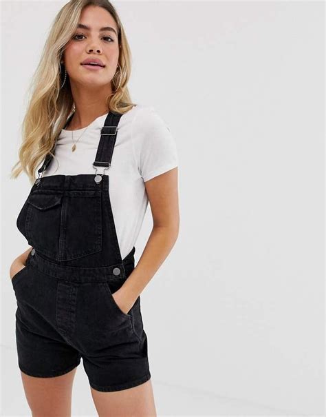 ASOS Design DESIGN Denim Short Overall Romper In Black Black Short