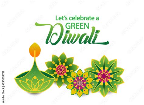 Green Diwali vector. Beautiful lamp and rangoli designs. Stock Vector | Adobe Stock