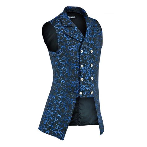 Men S Double Breasted Governor Vest Waistcoat Vtg Blue Brocade Gothic