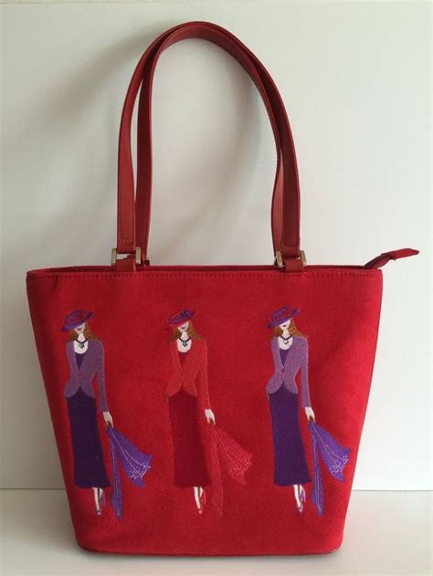 Red Hat Society Red Purple Hat Embroidered Rigid Faux Suede Tote Bag