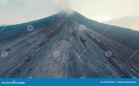 Aerial Morning View Peak Smoke Crater Active Erupting Volcano With