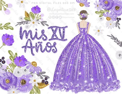 Xv Años Sweet Sixteen Purple Princess Dress Clipart Floral Png Hand Painted Glitter Elegant