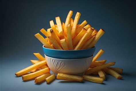 Golden French fries potatoes in a bowl on a dark blue background ...