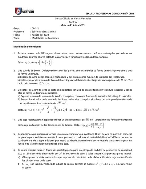 Cvv Ing S Modelaci N De Funciones Curso C Lculo En Varias