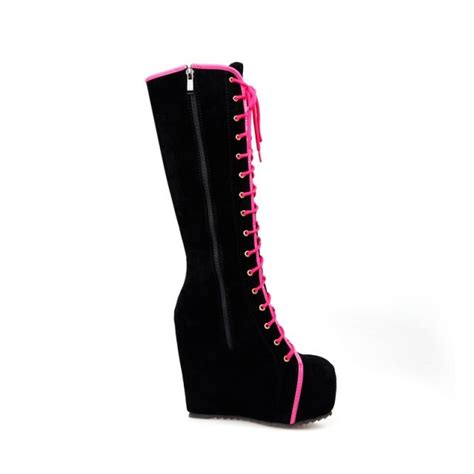 Wedges Knee High Boots Flock Lace Up Shoes Pink Black Best Crossdress