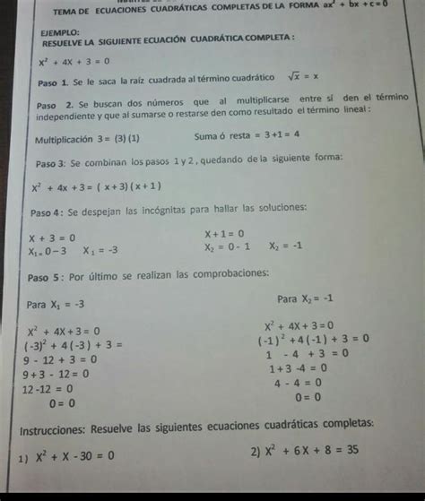 Instrucciones Resuelve Las Siguientes Ecuaciones Cuadr Ticas Completas