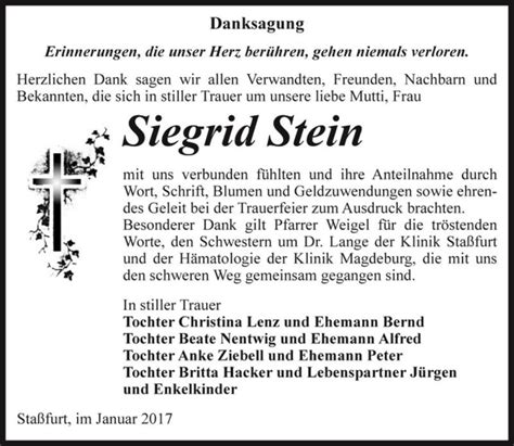 Traueranzeigen Von Siegrid Stein Abschied Nehmen De