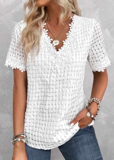 Rotita Embroidery White V Neck Short Sleeve Blouse Rotita Usd