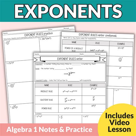Laws of Exponents and Exponent Rules Notes and Worksheets for Algebra 1