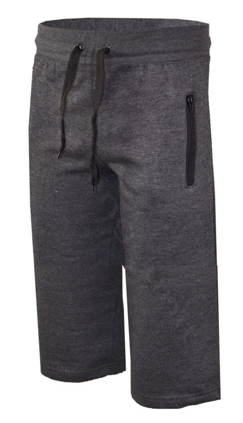 Mens Plain Gym Fleece Jogger Shorts 3 4 Elasticated Waist Running Zip Pockets Ebay