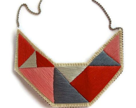 Embroidered Necklace In Geometric Pinks Reds And Grays Etsy