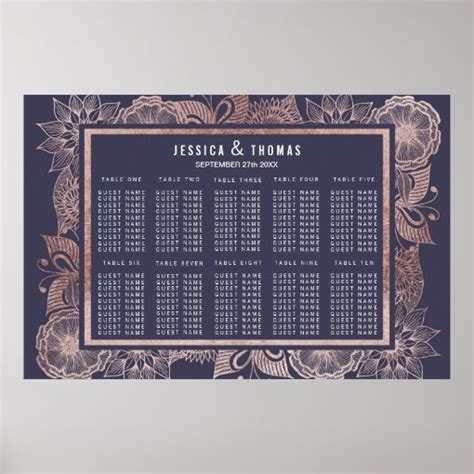 Rose Gold Floral And Navy Blue Seating Chart Zazzle