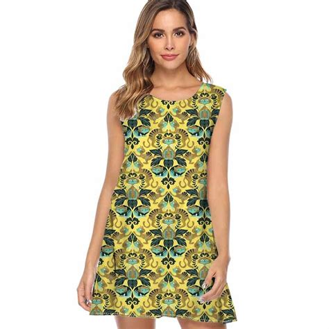 Women Cat Dress Sleeveless O Neck Yellow Damask Cats Printed Summer