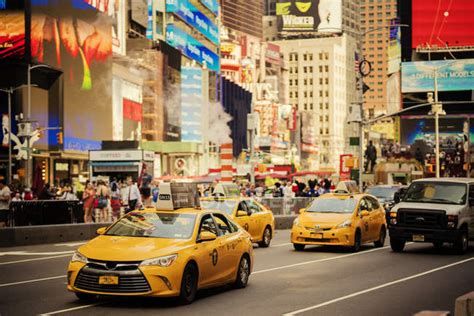 Yellow Taxis In New York City Selective Focus Horizontal Daytime